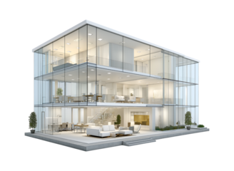 Modern Glass Architecture Cutaway: Luxury Three-Story Building Interior on Black Background