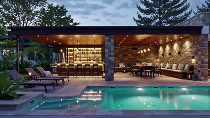 luxurious outdoor patio with pool, bar, dining, and lounge area at dusk | outdoor living, luxury homes, patio design, poolside, relaxation theme