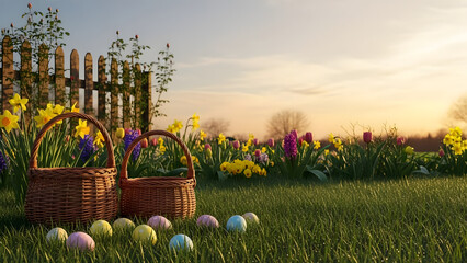Wicker Easter baskets and colorful pastel eggs resting on vibrant green grass surrounded by blooming spring flowers at golden hour for holiday celebration concept