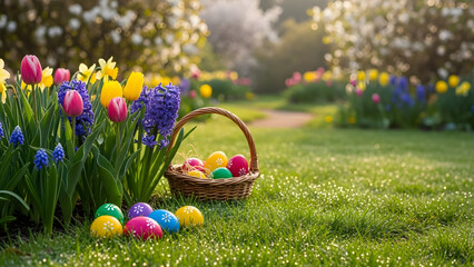 Colorful Easter eggs in a wicker basket and scattered on dewy green grass among vibrant spring flowers in a sunny garden for a holiday celebration concept