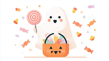 Fototapeta premium ベクター調の幽霊と甘いお菓子の群、ハロウィンのイラスト素材