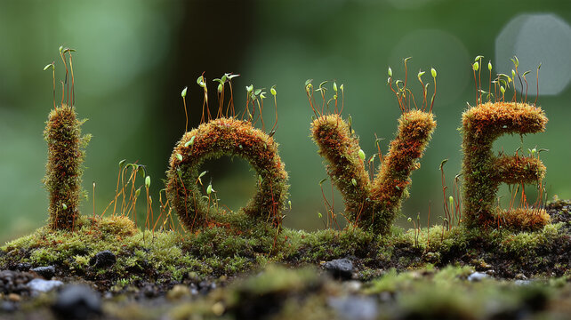 朝露に濡れた苔のLOVE文字を寄りで捉える、みずみずしい接写構図