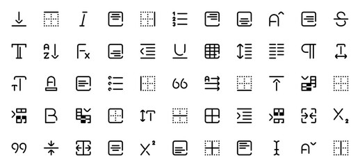 Text Editor icon set. Vector line icons pack. Includes symbols for align, bold, italic, underline, table, cursor, font size, indent, list, border and more. Editable stroke.