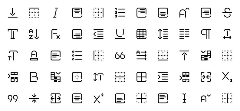 Text Editor icon set. Vector line icons pack. Includes symbols for align, bold, italic, underline, table, cursor, font size, indent, list, border and more. Editable stroke.