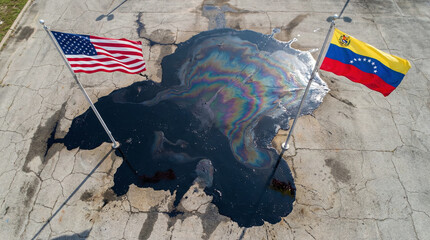 Oil spill on cracked pavement, American and Venezuelan flags alongside