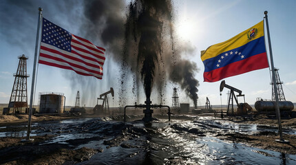 A striking image showcasing an oil field with two flags waving proudly against a dynamic sky