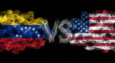 A conceptual depiction of the USA and Venezuela flags in a smoky battle against a black background