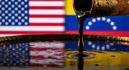 Oil pouring with USA and Venezuela flags blurred in background