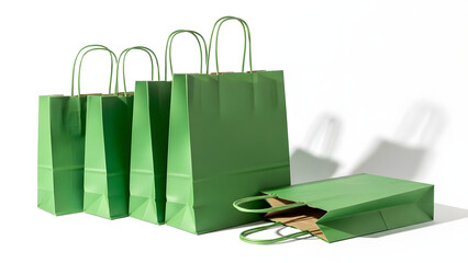 Minimalist green paper shopping bags on white studio background
