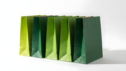 Minimalist green paper shopping bags on white studio background