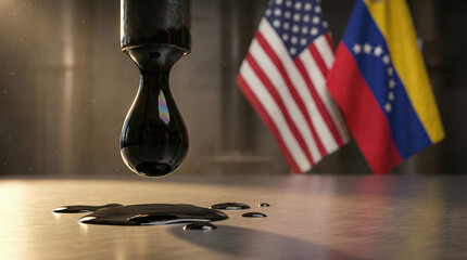A drop of black oil is falling from the top, with two flags: American and Venezuelan. A symbol of oil industry, and international relations