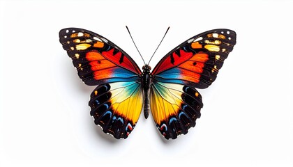 Fototapeta premium Beautiful colorful butterfly centered on white, ideal for nature websites, educational materials, greeting cards, and springthemed designs. Vibrant and eyecatching.