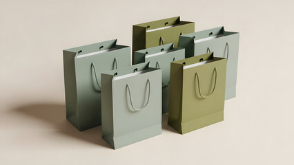 Minimalist green paper shopping bags on beige studio background