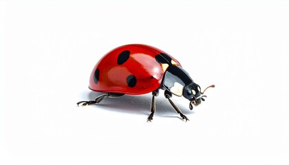 Close up of a red spotted ladybug. Suitable for nature, insects, wildlife, and educational content. Bright, detailed, eyecatching image.