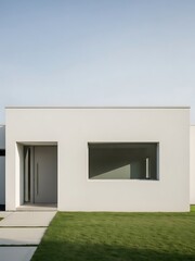 Fototapeta premium Minimalist Home Exterior Showing Door, Window, Grass and Blue Sky View