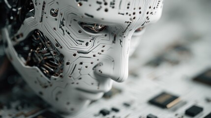 Detailed Robotic Face Close-Up with Circuitry and Artificial Intelligence