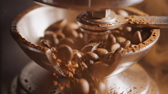 4K Video: Roasted coffee beans grinding in metal grinder