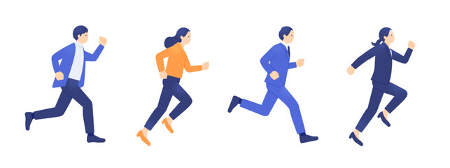 駆け抜けるビジネスチーム。横並びで走る男女4人のビジネスパーソンのイラスト。