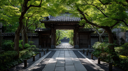山門越しに新緑の参道が伸びる静かな寺社の風景