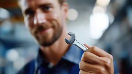 Factory technician holding a wrench, face cropped, industrial blur, with copy space