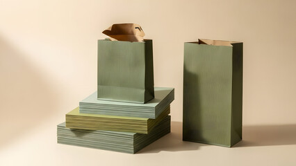 Minimalist green paper shopping bags on beige studio background