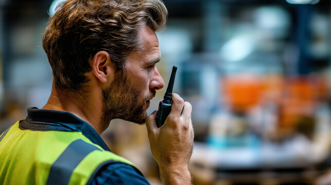 Industrial supervisor using a walkie-talkie, face obscured, factory blurred, with copy space