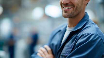 Obraz premium Industrial worker smiling implied through posture, faceless, factory blur, with copy space