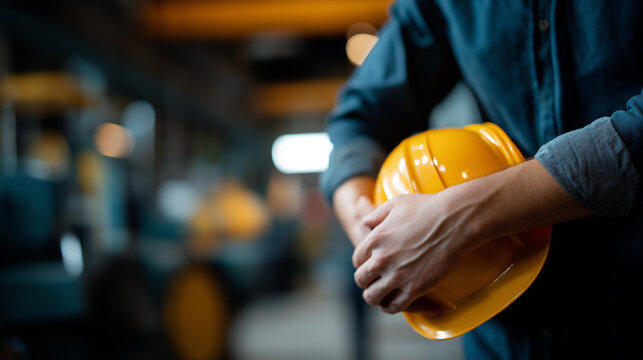 Industrial worker touching a hard hat, face cropped, heavy machinery blurred, with copy space