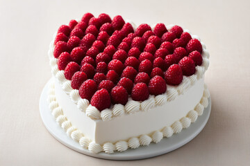 Romantic heart-shaped cake topped with fresh raspberries and cream