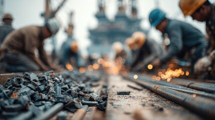 Construction workers welding steel beams on a busy industrial site with sparks flying