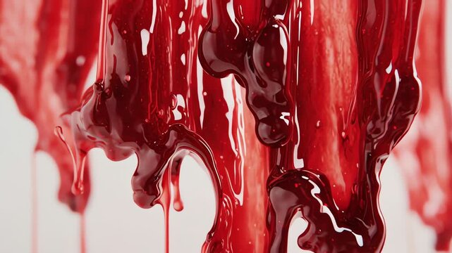 Red blood dripping down slowly on white background closeup