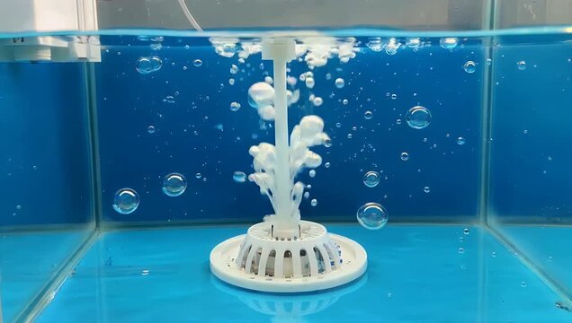 Detailed 4K underwater style close up of aquarium filter bubbles rising continuously at the bottom of blue pool creating calming motion soothing aquatic 