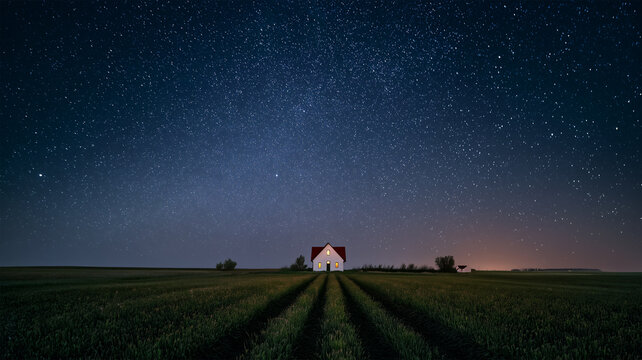 星空の下で畑と赤屋根の家が静かに佇む夜景、田舎の静寂を感じる風景