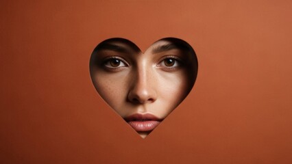 Woman face seen through heart shaped paper cutout