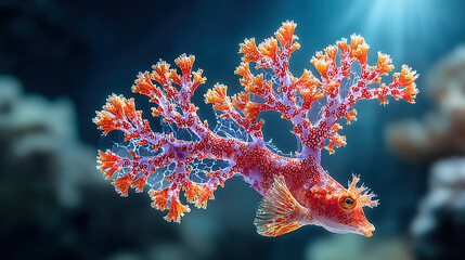 A colorful fish with a coral-like tail in an underwater environment.
