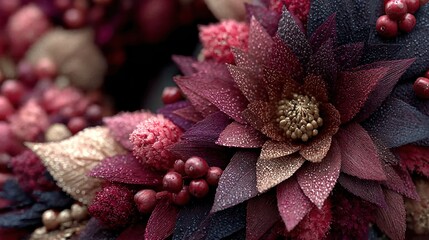 Exquisite Festive Floral Arrangement with Deep Red and Gold Accents Detailed Macro Shot
