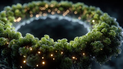 Magical winter wreath adorned with twinkling fairy lights creating a festive atmosphere