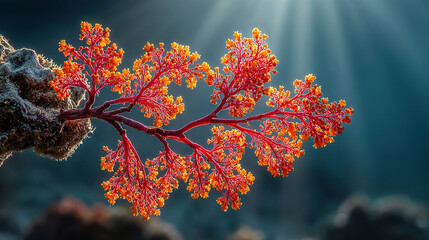 Bright orange coral-like marine organism attached to underwater rocks.