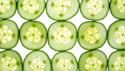 Close-up of thin cucumber slices backlit against a white background. Each slice reveals its translucent green flesh and symmetrical seeds, highlighting its freshness, texture, and natural beauty.