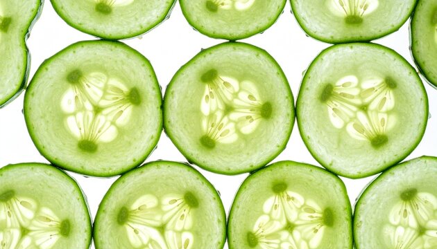 Close-up of thin cucumber slices backlit against a white background. Each slice reveals its translucent green flesh and symmetrical seeds, highlighting its freshness, texture, and natural beauty.