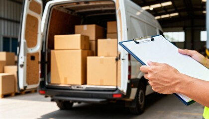 Closeup of hands holding a clipboard, with a delivery van full of cardboard boxes in the background at a logistics hub.
