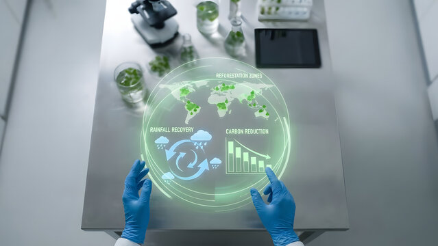 Scientist analyzing eco-friendly data on digital globe interface - Powered by Adobe