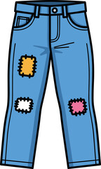 Blue denim jeans with colorful patches displayed on a transparent background for fashion illustration and design, showcasing creativity and textile art in clothing.