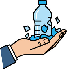 Hand holding a clear plastic water bottle surrounded by splashes of water, illustrating the concept of recycling and sustainability in an eco-friendly environment.
