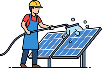 Worker cleaning solar panels with a hose in outdoor setting under bright sun, promoting sustainability and clean energy on a transparent background for ecological awareness