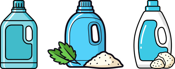 Bottles of detergent with blue liquid, scattered laundry powder and fresh green leaves on a transparent background for eco-friendly cleaning solutions concept.