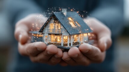 Model house held in hands glowing with digital connections and sparkling lights concept