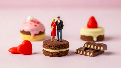Macro shot of miniature figurines on sweet treats like cupcakes and chocolate. Ideal for bakery ads, greeting cards, and social media content.
