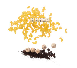 Alphabet letter wording "Pasta" bead toy flying over explosion flying in air. Pasta Macaroni word alphabet letter show italy noodle ready to eat with hot water. White background isolated.