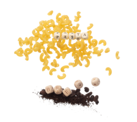 Alphabet letter wording "Pasta" bead toy flying over explosion flying in air. Pasta Macaroni word alphabet letter show italy noodle ready to eat with hot water. White background isolated.